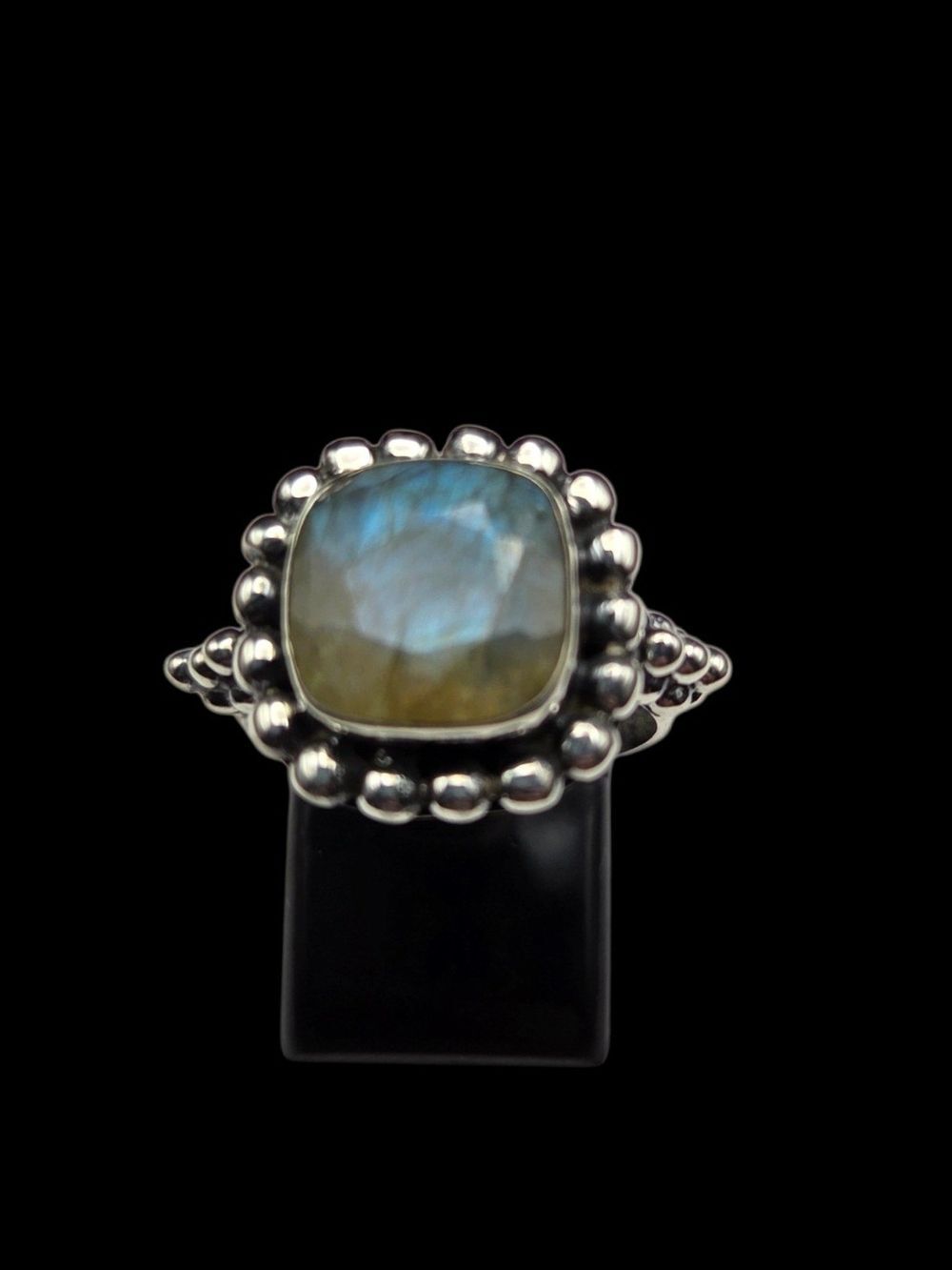 Sterling Silver Cushion Labradorite Halo Ring Blue Green 7